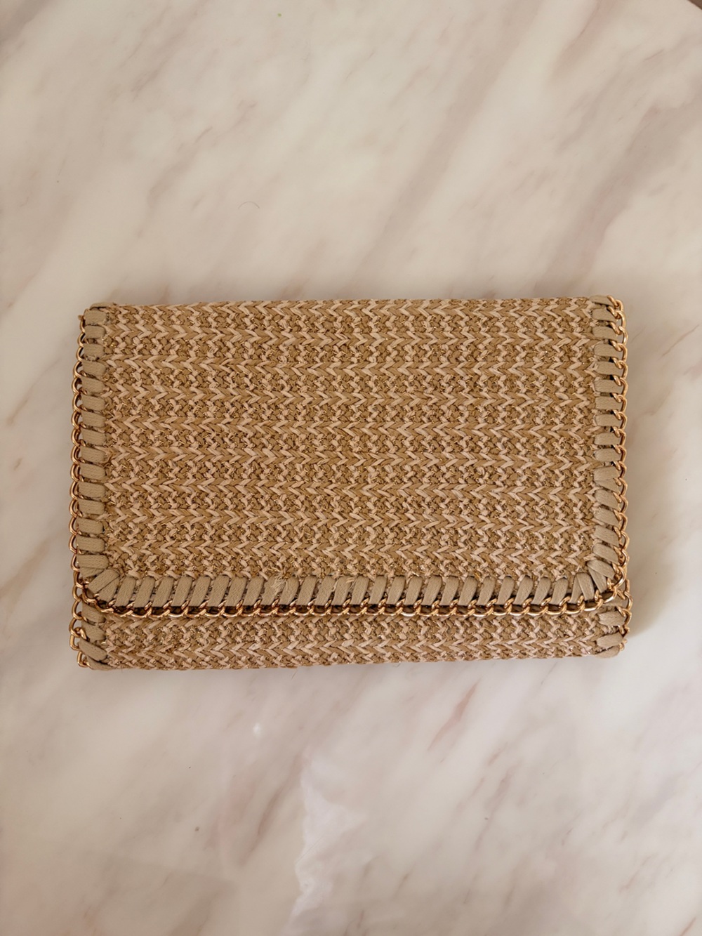 Chelsea28 Beige Woven Chain-Trim Women’s Clutch